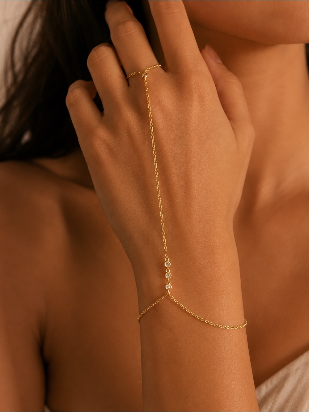 Delicate Gold Hand Chain with Crystal Accents D231
